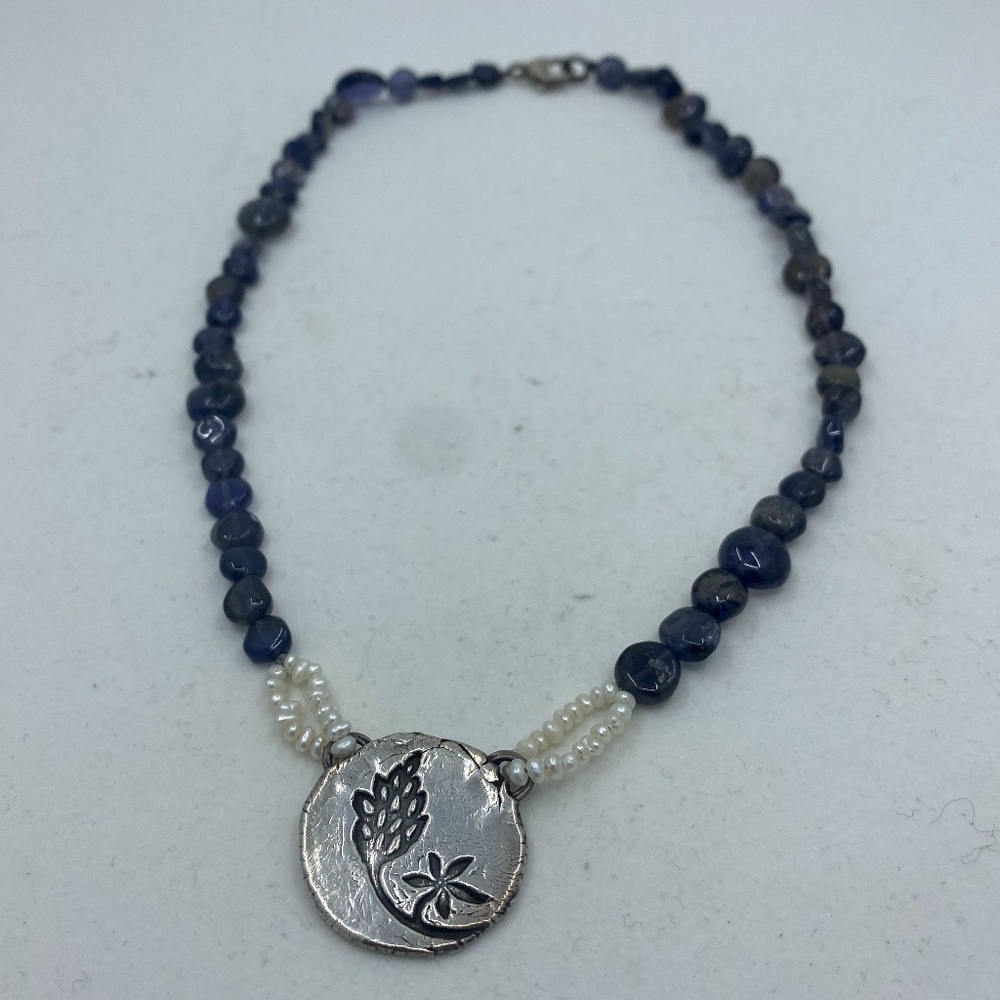 Silver Pendant, Black stones & pearl bead Necklace